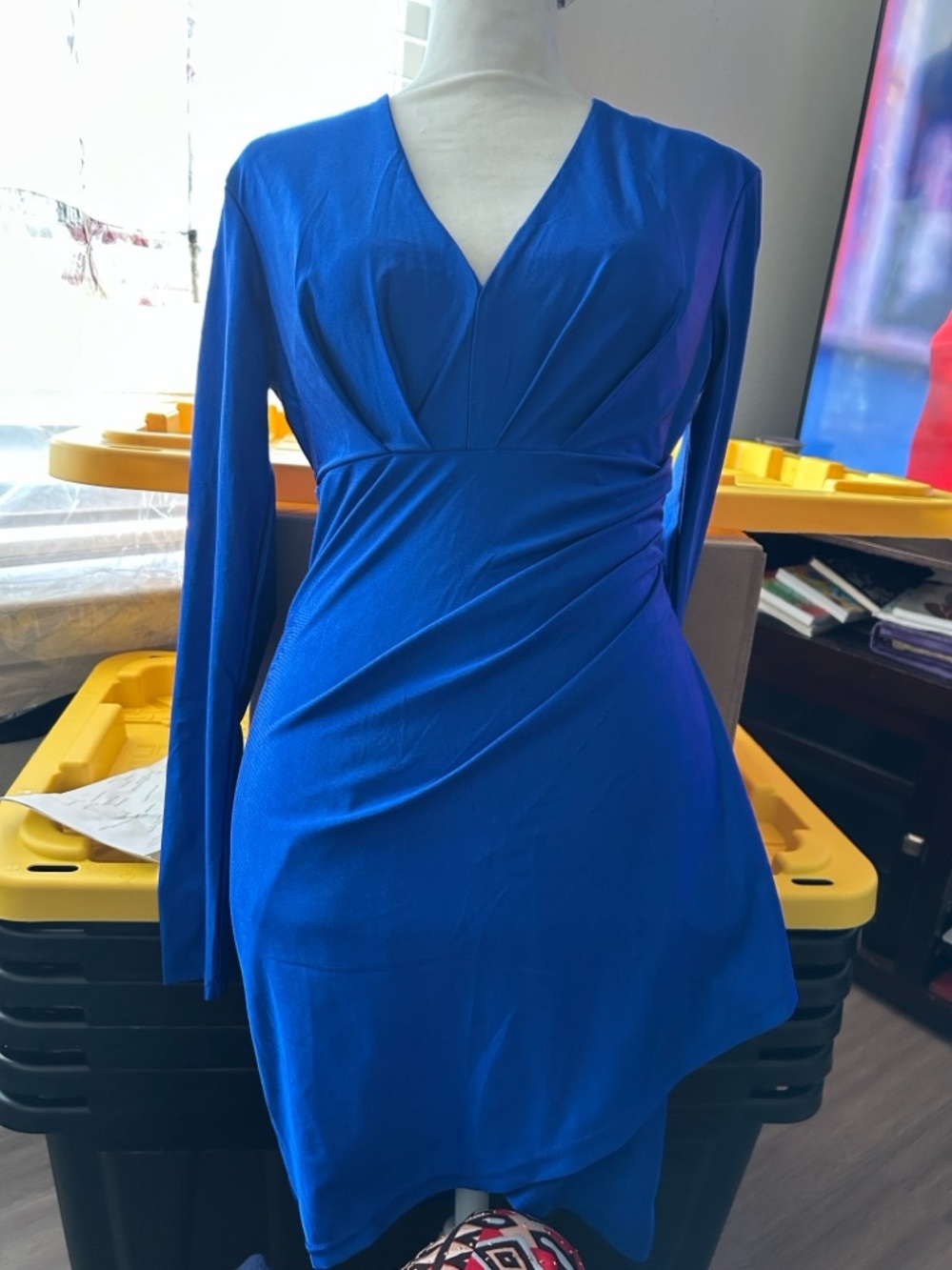 Asymmetrical V-Neck Long Sleeve Dress in Cobalt Blue